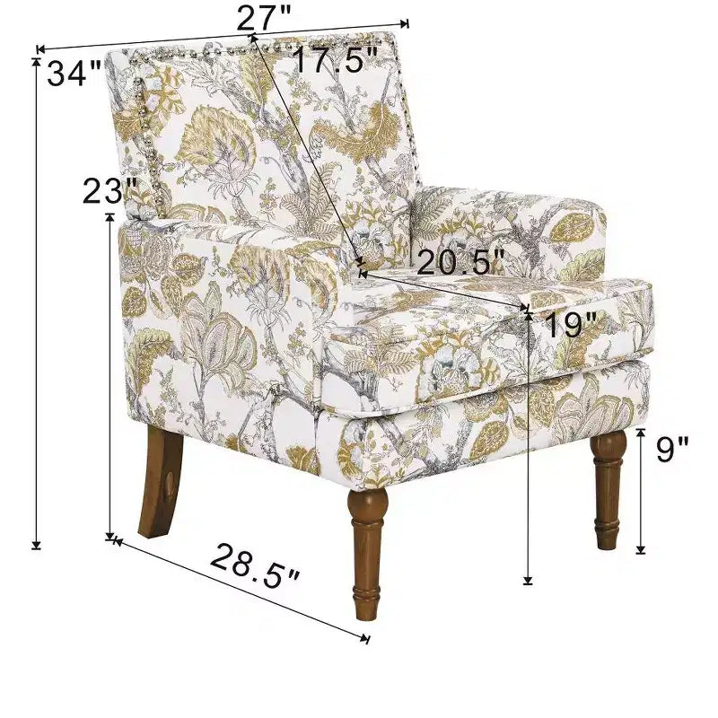 Fauteuil d'appoint Zeus & Ruta en tissu fleuri avec clous décoratifs, pieds en bois massif