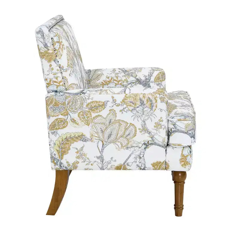 Fauteuil d'appoint Zeus & Ruta en tissu fleuri avec clous décoratifs, pieds en bois massif
