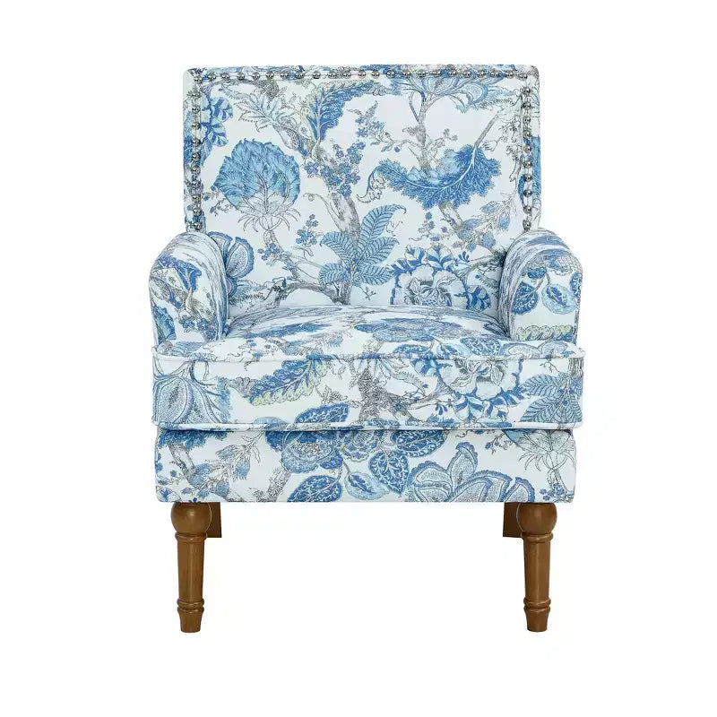 Fauteuil d'appoint Zeus & Ruta en tissu fleuri avec clous décoratifs, pieds en bois massif