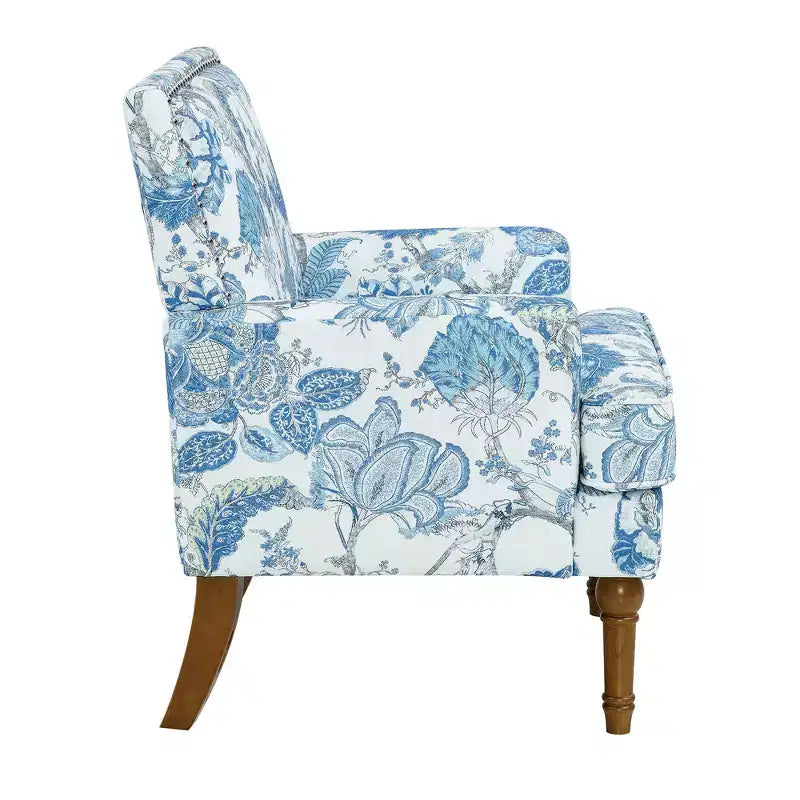 Fauteuil d'appoint Zeus & Ruta en tissu fleuri avec clous décoratifs, pieds en bois massif