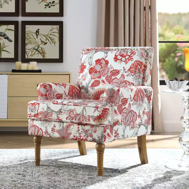 Fauteuil d'appoint Zeus & Ruta en tissu fleuri avec clous décoratifs, pieds en bois massif