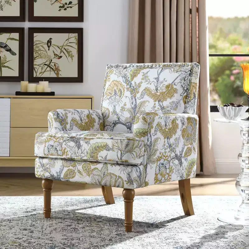 Fauteuil d'appoint Zeus & Ruta en tissu fleuri avec clous décoratifs, pieds en bois massif