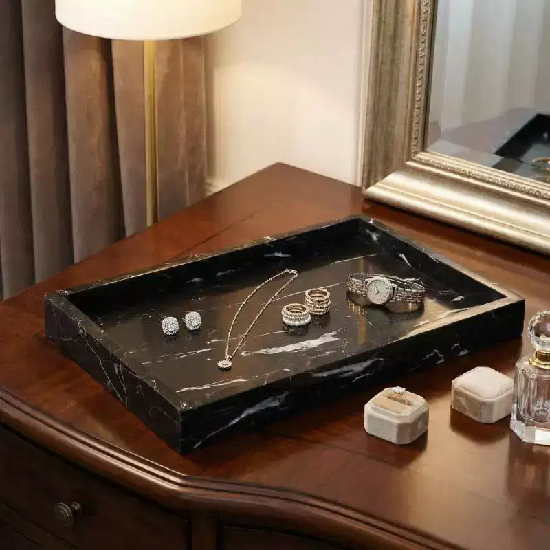 Élégant plateau de rangement à bijoux en marbre naturel, cadeau fête des mères, plateau en marbre véritable pour coiffeuse, salle de bain, décoration intérieure