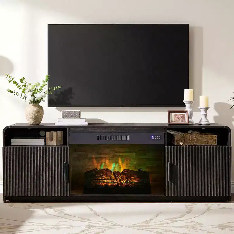 Meuble TV cheminée cannelé AMERLIFE 178 cm pour téléviseurs jusqu'à 203 cm avec rangement cheminée électrique 76 cm, noir