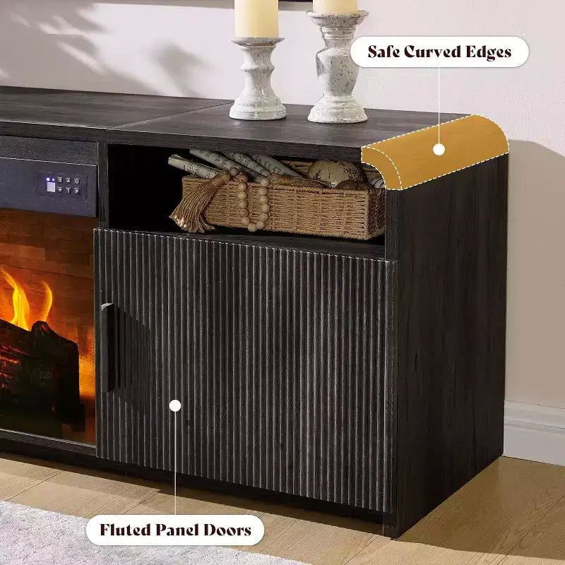 Meuble TV cheminée cannelé AMERLIFE 178 cm pour téléviseurs jusqu'à 203 cm avec rangement cheminée électrique 76 cm, noir