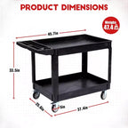Chariot de service roulant à 2 niveaux avec roues pivotantes à 360° et freins, 250 kg, poignée de rangement ergonomique pour entrepôt/garage/nettoyage, 117 x 63,5 cm