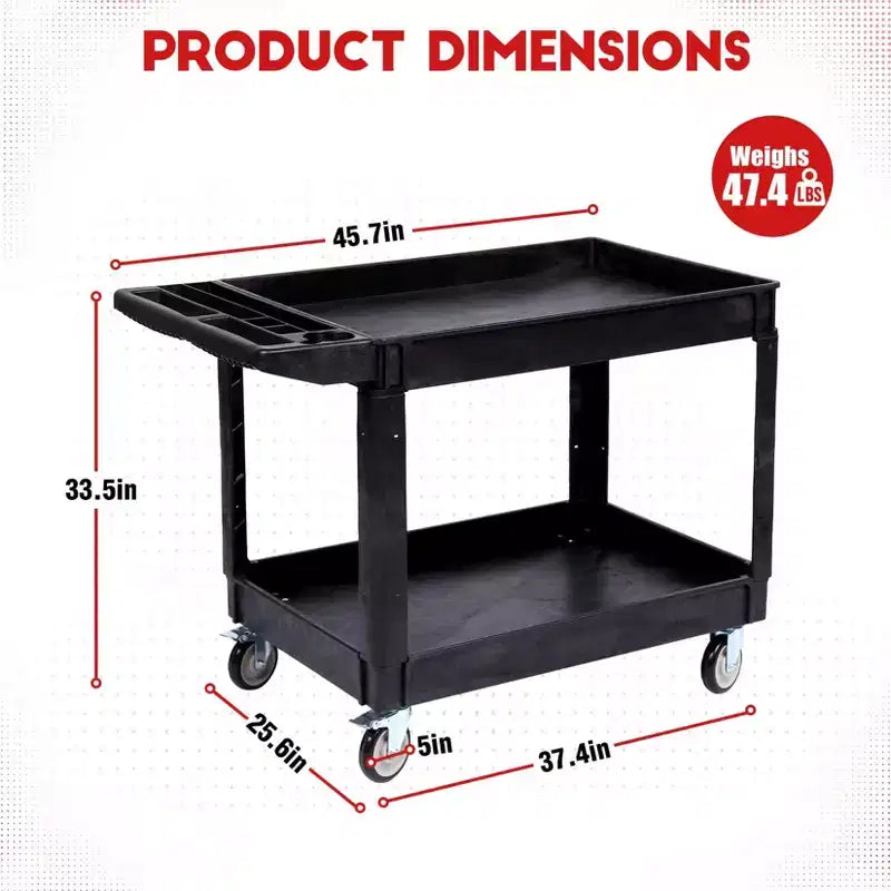 Chariot de service roulant à 2 niveaux avec roues pivotantes à 360° et freins, 250 kg, poignée de rangement ergonomique pour entrepôt/garage/nettoyage, 117 x 63,5 cm