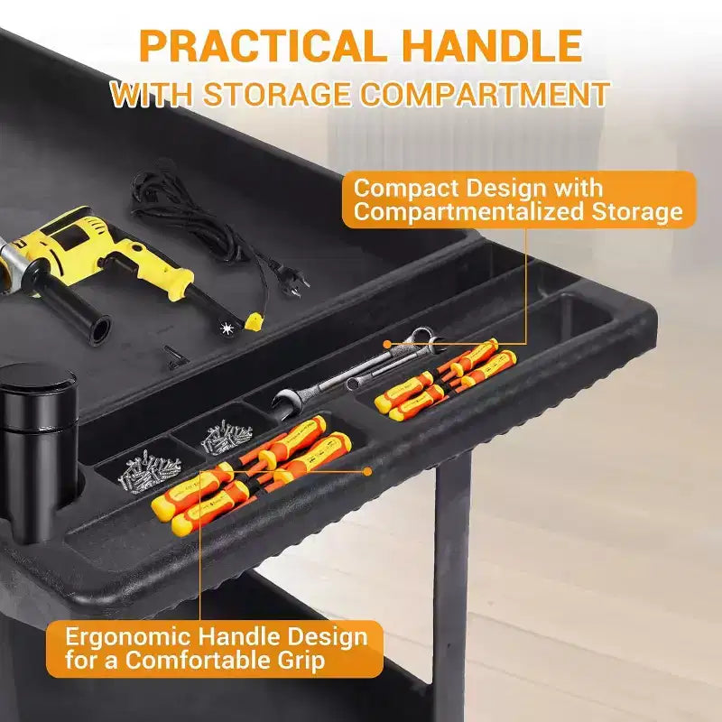 Chariot de service roulant à 2 niveaux avec roues pivotantes à 360° et freins, 250 kg, poignée de rangement ergonomique pour entrepôt/garage/nettoyage, 117 x 63,5 cm