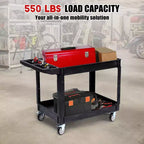 Chariot de service roulant à 2 niveaux avec roues pivotantes à 360° et freins, 250 kg, poignée de rangement ergonomique pour entrepôt/garage/nettoyage, 117 x 63,5 cm