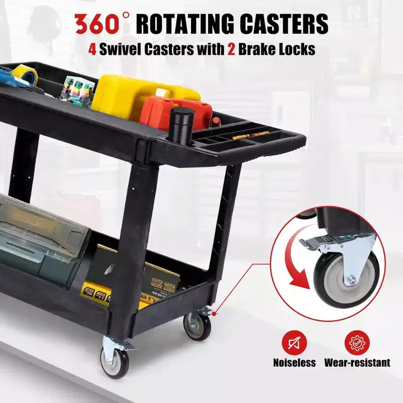 Chariot de service roulant à 2 niveaux avec roues pivotantes à 360° et freins, 250 kg, poignée de rangement ergonomique pour entrepôt/garage/nettoyage, 117 x 63,5 cm