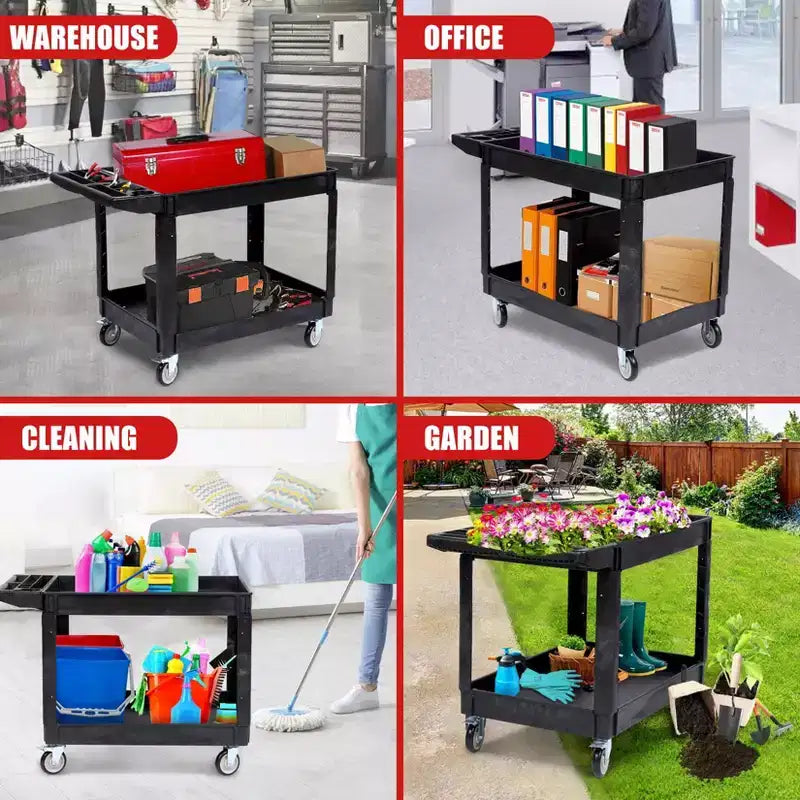 Chariot de service roulant à 2 niveaux avec roues pivotantes à 360° et freins, 250 kg, poignée de rangement ergonomique pour entrepôt/garage/nettoyage, 117 x 63,5 cm