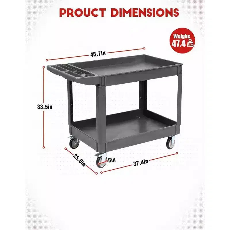 Chariot de service roulant à 2 niveaux avec roues pivotantes à 360° et freins, 250 kg, poignée de rangement ergonomique pour entrepôt/garage/nettoyage, 117 x 63,5 cm