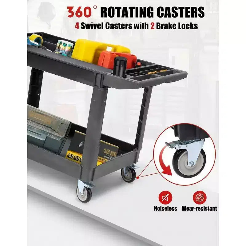 Chariot de service roulant à 2 niveaux avec roues pivotantes à 360° et freins, 250 kg, poignée de rangement ergonomique pour entrepôt/garage/nettoyage, 117 x 63,5 cm
