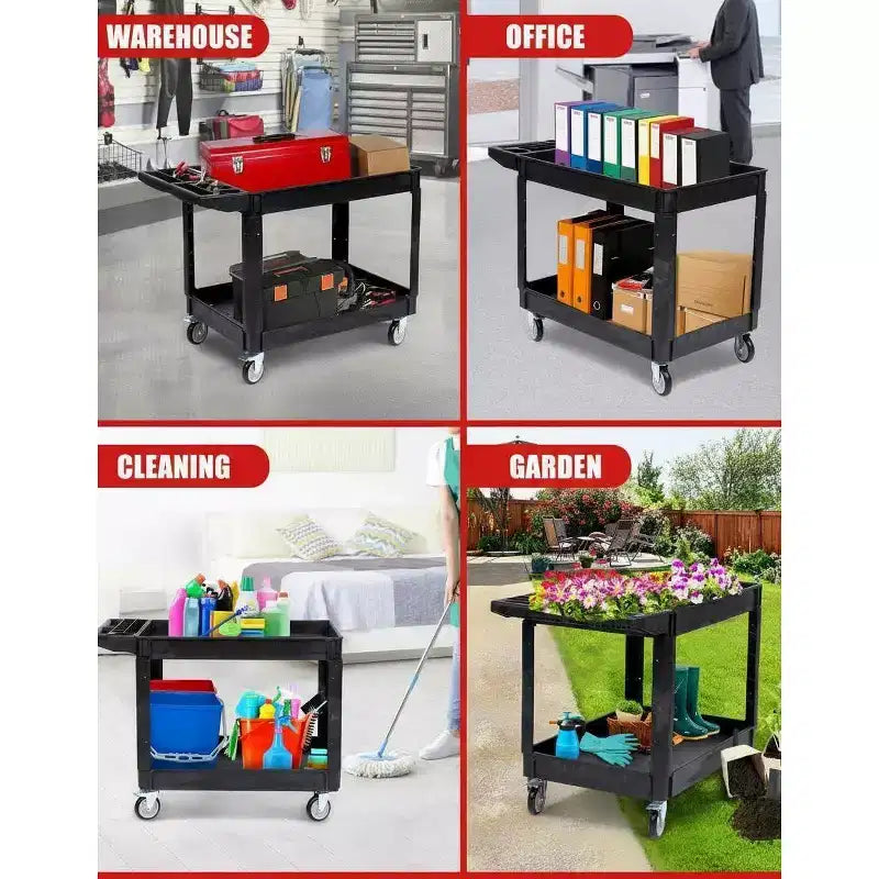 Chariot de service roulant à 2 niveaux avec roues pivotantes à 360° et freins, 250 kg, poignée de rangement ergonomique pour entrepôt/garage/nettoyage, 117 x 63,5 cm