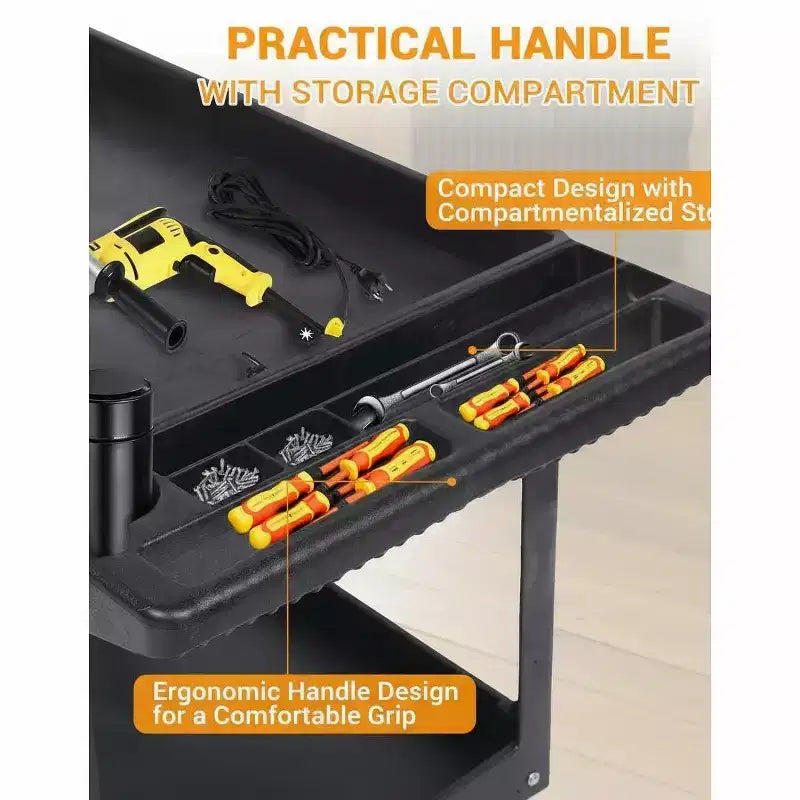 Chariot de service roulant à 2 niveaux avec roues pivotantes à 360° et freins, 250 kg, poignée de rangement ergonomique pour entrepôt/garage/nettoyage, 117 x 63,5 cm