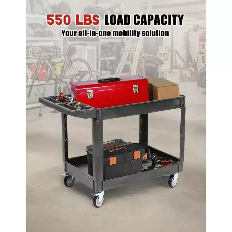 Chariot de service roulant à 2 niveaux avec roues pivotantes à 360° et freins, 250 kg, poignée de rangement ergonomique pour entrepôt/garage/nettoyage, 117 x 63,5 cm