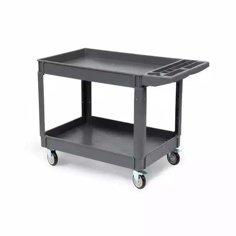 Chariot de service roulant à 2 niveaux avec roues pivotantes à 360° et freins, 250 kg, poignée de rangement ergonomique pour entrepôt/garage/nettoyage, 117 x 63,5 cm