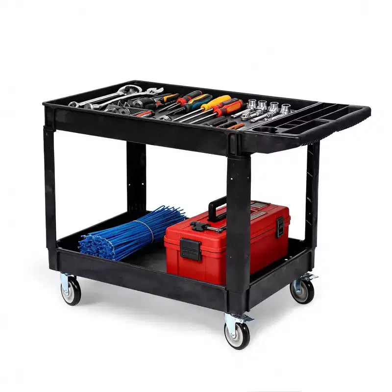 Chariot de service roulant à 2 niveaux avec roues pivotantes à 360° et freins, 250 kg, poignée de rangement ergonomique pour entrepôt/garage/nettoyage, 117 x 63,5 cm