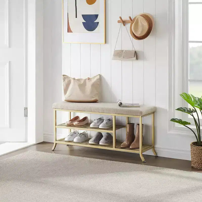 Banc à chaussures, porte-chaussures 2 niveaux, banc de rangement à chaussures avec coussin supporte jusqu'à 150 kg, organisateur pour couloir, salon, doré