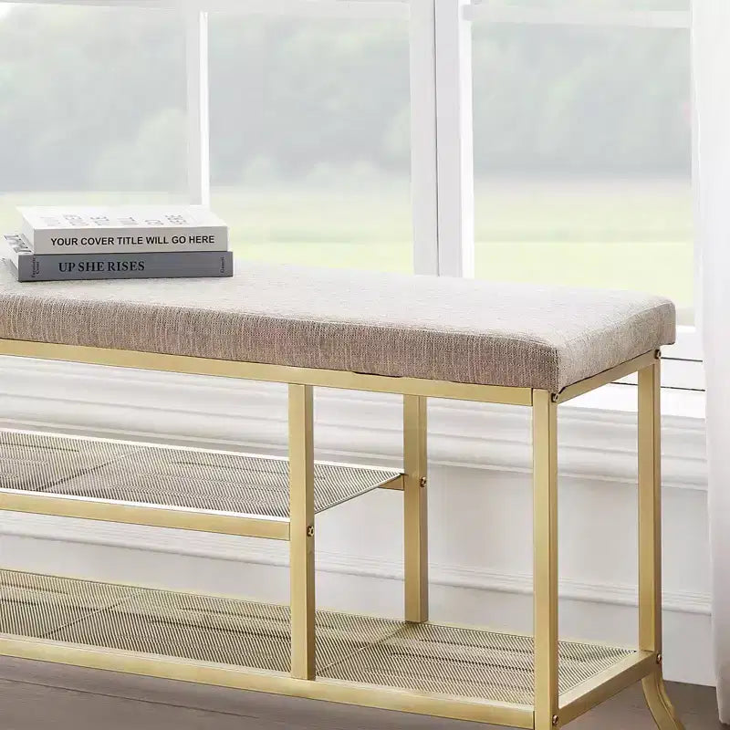 Banc à chaussures, porte-chaussures 2 niveaux, banc de rangement à chaussures avec coussin supporte jusqu'à 150 kg, organisateur pour couloir, salon, doré