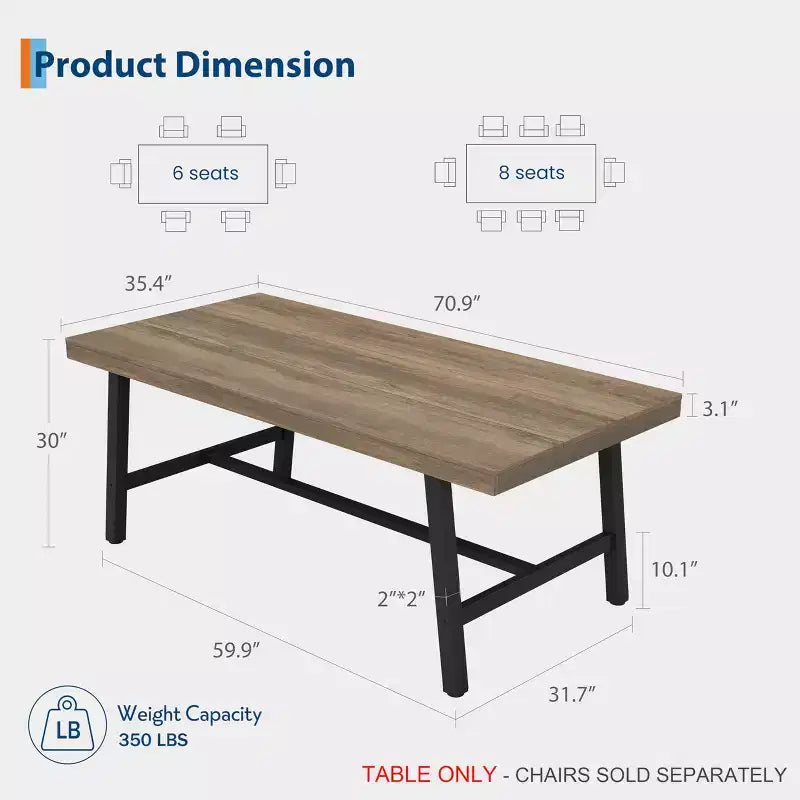 Table de salle à manger industrielle pour 6 à 8 personnes, table de cuisine de 180 cm de long avec cadre métallique robuste, pour bureau à domicile