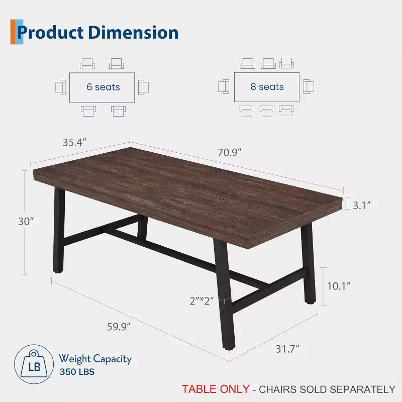 Table de salle à manger industrielle pour 6 à 8 personnes, table de cuisine de 180 cm de long avec cadre métallique robuste, pour bureau à domicile