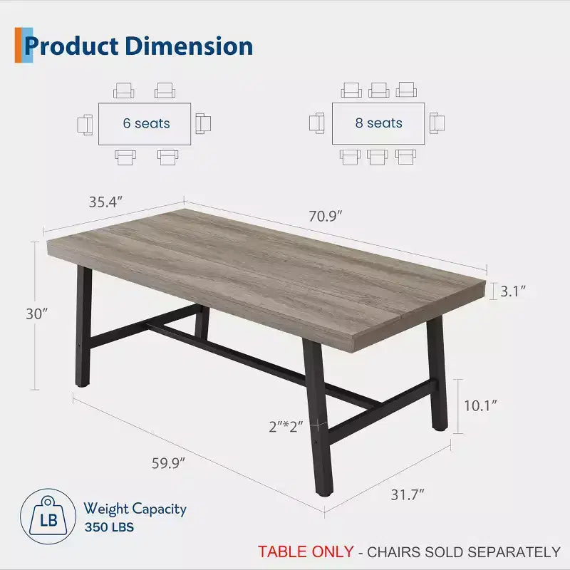 Table de salle à manger industrielle pour 6 à 8 personnes, table de cuisine de 180 cm de long avec cadre métallique robuste, pour bureau à domicile
