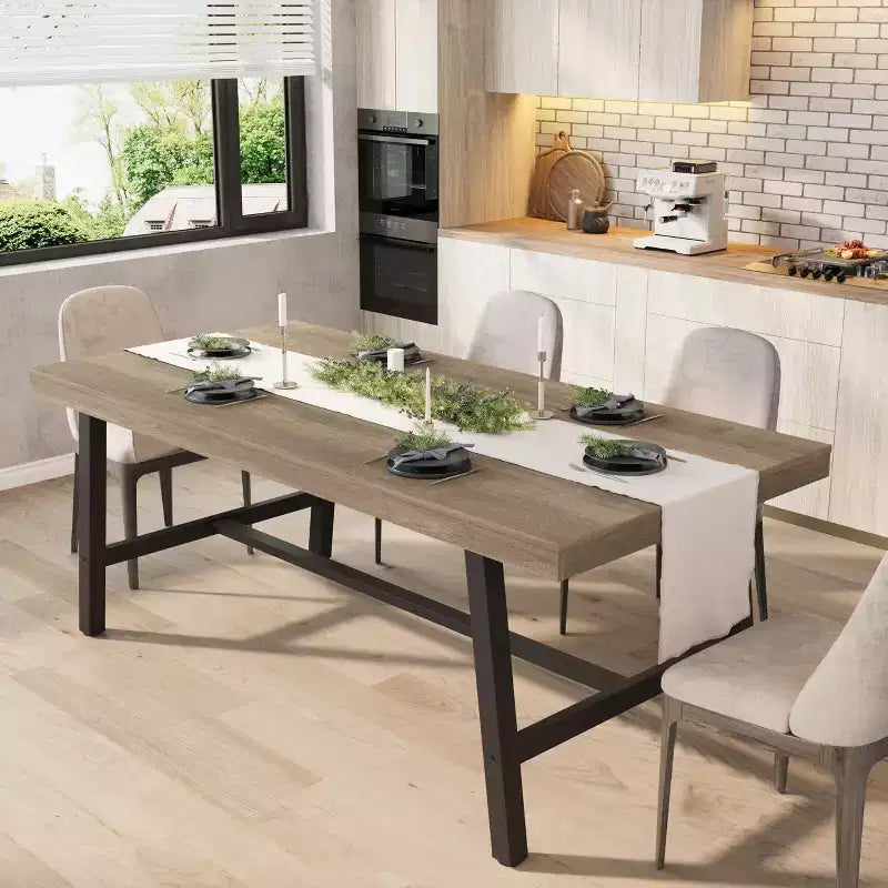 Table de salle à manger industrielle pour 6 à 8 personnes, table de cuisine de 180 cm de long avec cadre métallique robuste, pour bureau à domicile