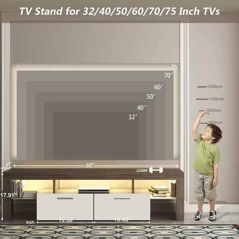 Meuble TV LED moderne JVNOXK avec grand tiroir de rangement pour téléviseurs de 40, 50, 55, 60, 65, 70, 75 pouces, avec centre de divertissement brillant pour salon, chambre, bois