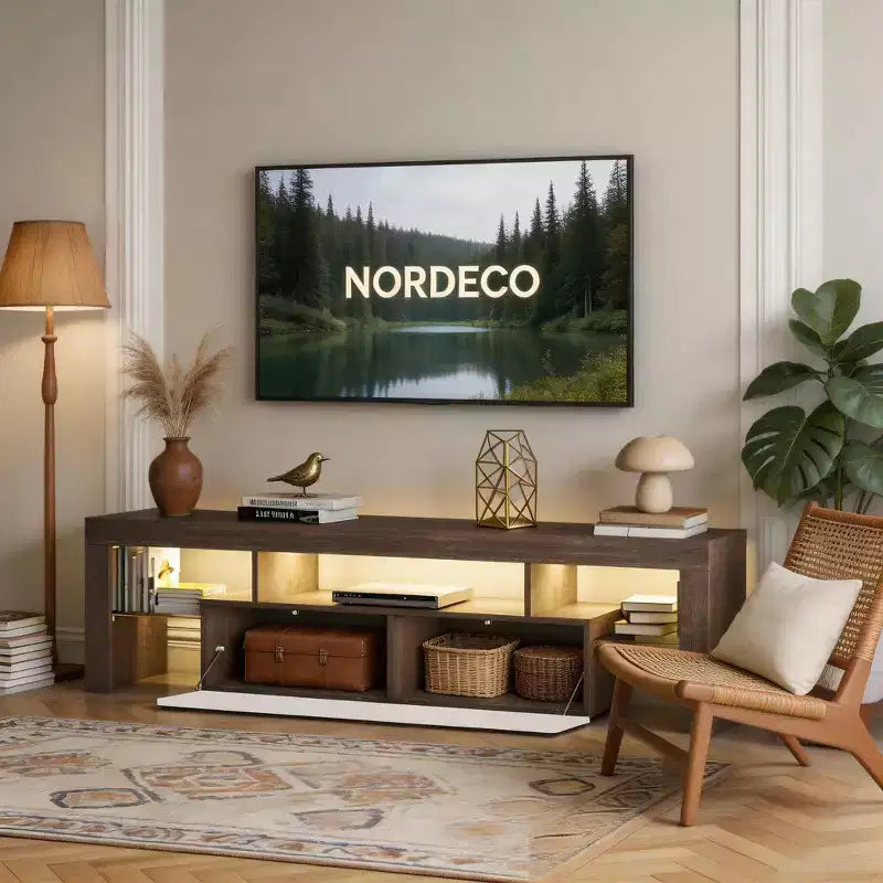 Meuble TV LED moderne JVNOXK avec grand tiroir de rangement pour téléviseurs de 40, 50, 55, 60, 65, 70, 75 pouces, avec centre de divertissement brillant pour salon, chambre, bois