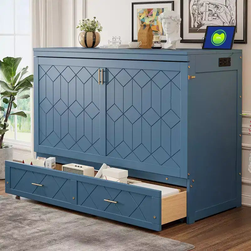 Lit escamotable Queen Size, Lit armoire pliable avec tiroir et station de charge pour chambre, salon - ModernLuxe