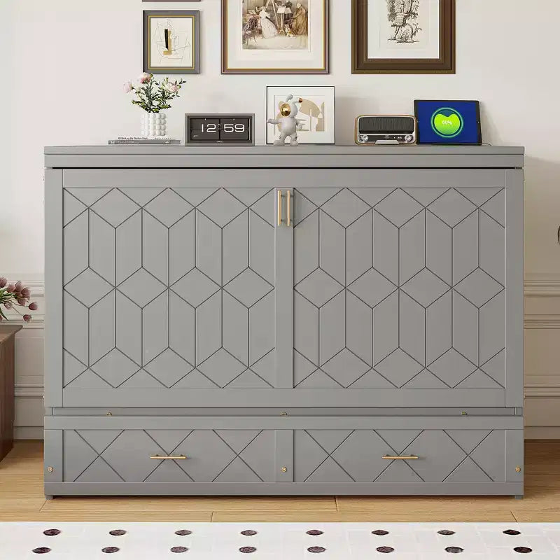 Lit escamotable Queen Size, Lit armoire pliable avec tiroir et station de charge pour chambre, salon - ModernLuxe