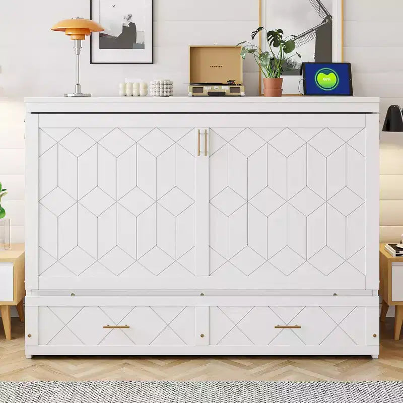 Lit escamotable Queen Size, Lit armoire pliable avec tiroir et station de charge pour chambre, salon - ModernLuxe