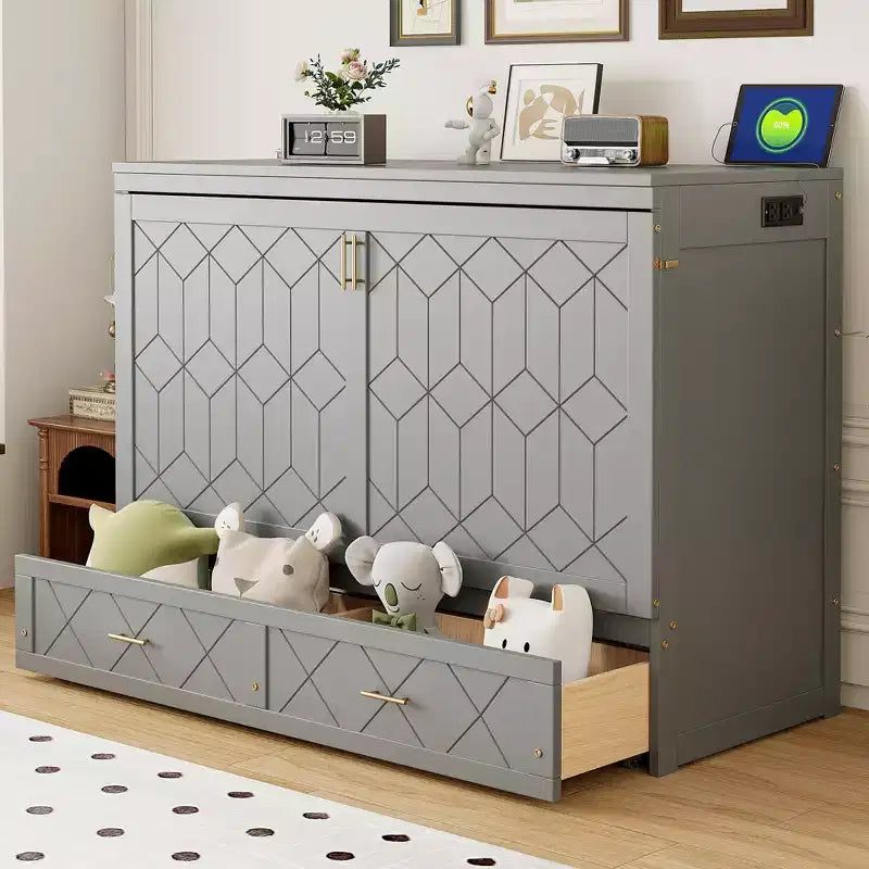 Lit escamotable Queen Size, Lit armoire pliable avec tiroir et station de charge pour chambre, salon - ModernLuxe