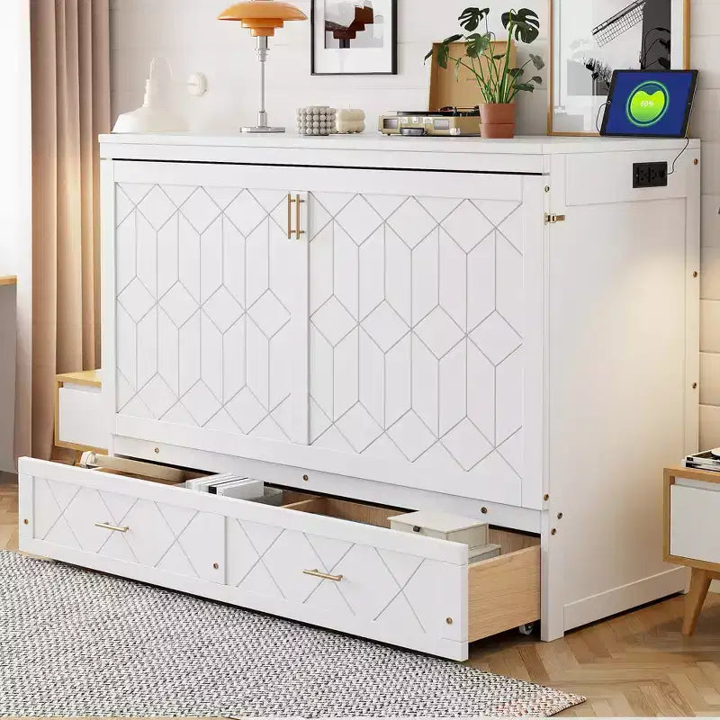 Lit escamotable Queen Size, Lit armoire pliable avec tiroir et station de charge pour chambre, salon - ModernLuxe