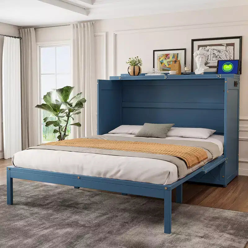 Lit escamotable Queen Size, Lit armoire pliable avec tiroir et station de charge pour chambre, salon - ModernLuxe
