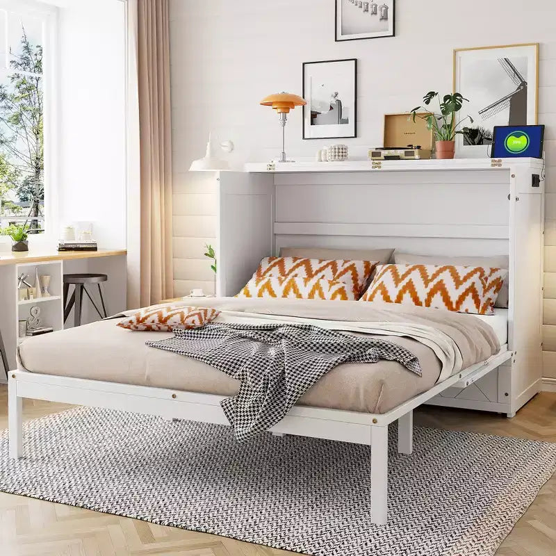 Lit escamotable Queen Size, Lit armoire pliable avec tiroir et station de charge pour chambre, salon - ModernLuxe