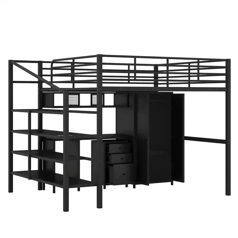 Bellemave Lit mezzanine entièrement métallique avec bureau, armoire et échelle de rangement, cadre de lit moderne et peu encombrant avec barrières de sécurité et lattes, pas de sommier tapissier, noir