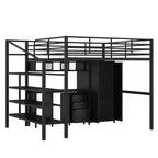 Bellemave Lit mezzanine entièrement métallique avec bureau, armoire et échelle de rangement, cadre de lit moderne et peu encombrant avec barrières de sécurité et lattes, pas de sommier tapissier, noir