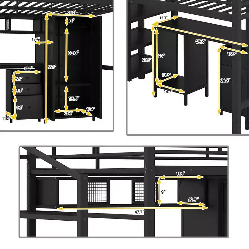 Bellemave Lit mezzanine entièrement métallique avec bureau, armoire et échelle de rangement, cadre de lit moderne et peu encombrant avec barrières de sécurité et lattes, pas de sommier tapissier, noir