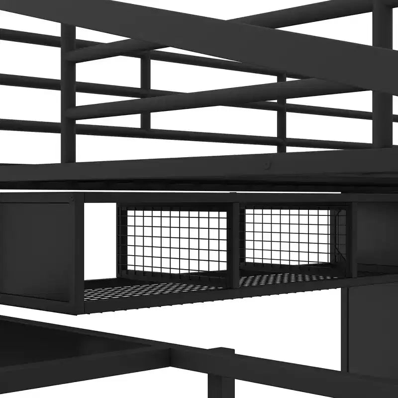 Bellemave Lit mezzanine entièrement métallique avec bureau, armoire et échelle de rangement, cadre de lit moderne et peu encombrant avec barrières de sécurité et lattes, pas de sommier tapissier, noir