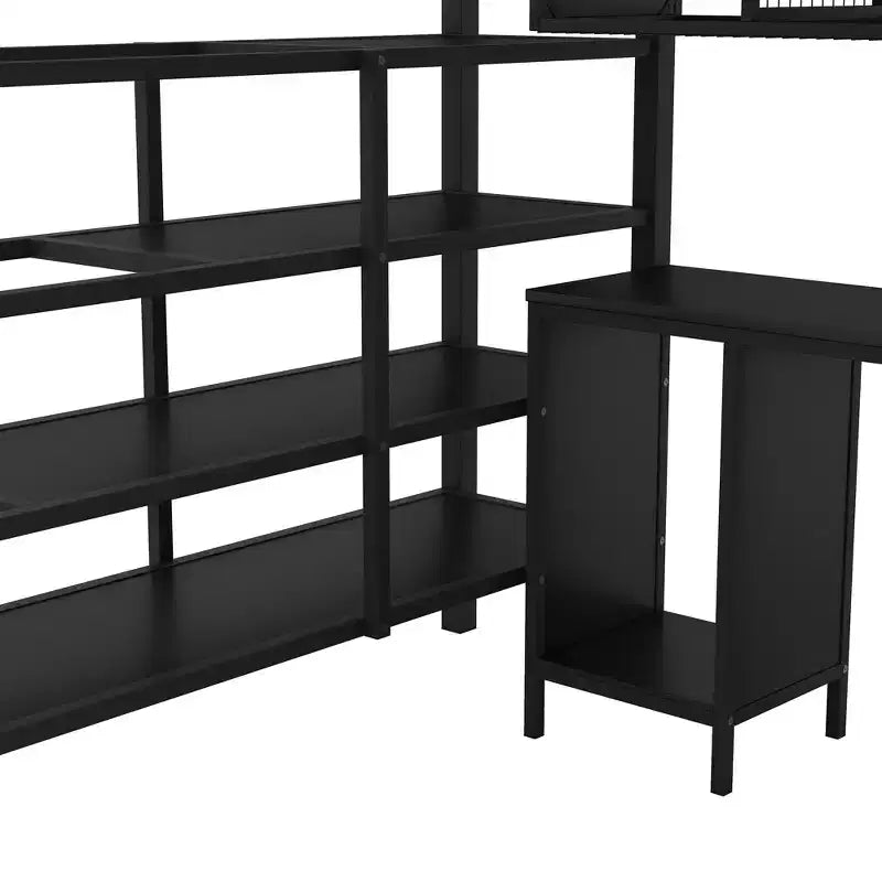 Bellemave Lit mezzanine entièrement métallique avec bureau, armoire et échelle de rangement, cadre de lit moderne et peu encombrant avec barrières de sécurité et lattes, pas de sommier tapissier, noir