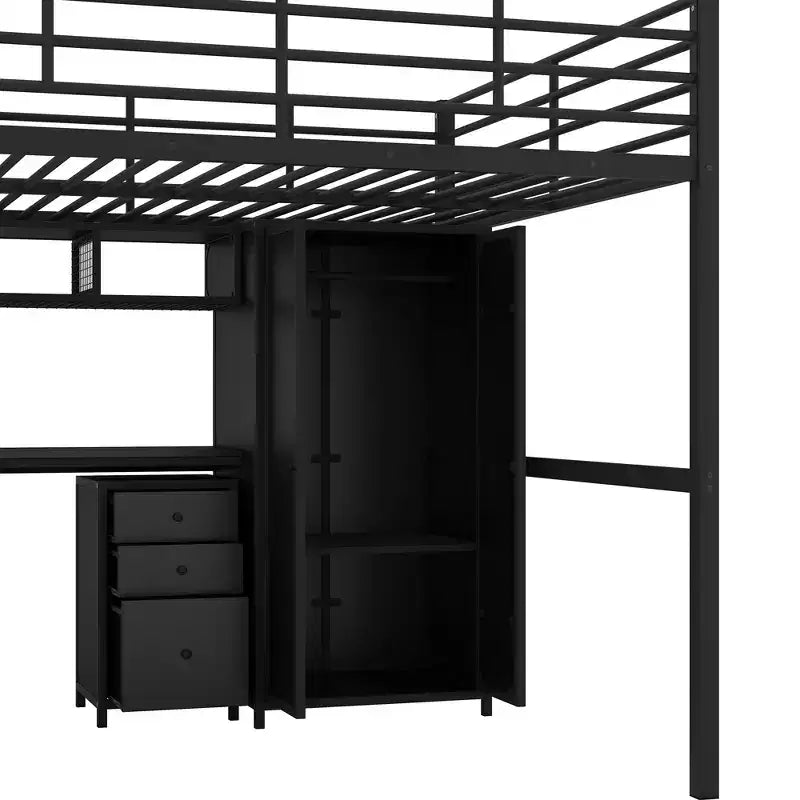 Bellemave Lit mezzanine entièrement métallique avec bureau, armoire et échelle de rangement, cadre de lit moderne et peu encombrant avec barrières de sécurité et lattes, pas de sommier tapissier, noir