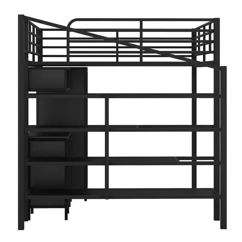 Bellemave Lit mezzanine entièrement métallique avec bureau, armoire et échelle de rangement, cadre de lit moderne et peu encombrant avec barrières de sécurité et lattes, pas de sommier tapissier, noir