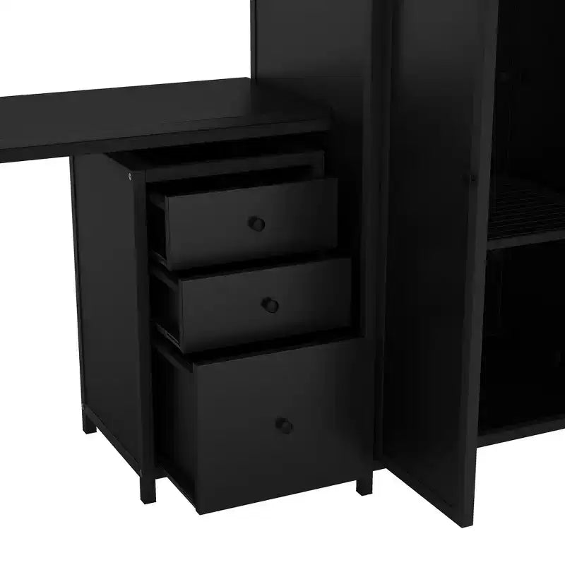 Bellemave Lit mezzanine entièrement métallique avec bureau, armoire et échelle de rangement, cadre de lit moderne et peu encombrant avec barrières de sécurité et lattes, pas de sommier tapissier, noir