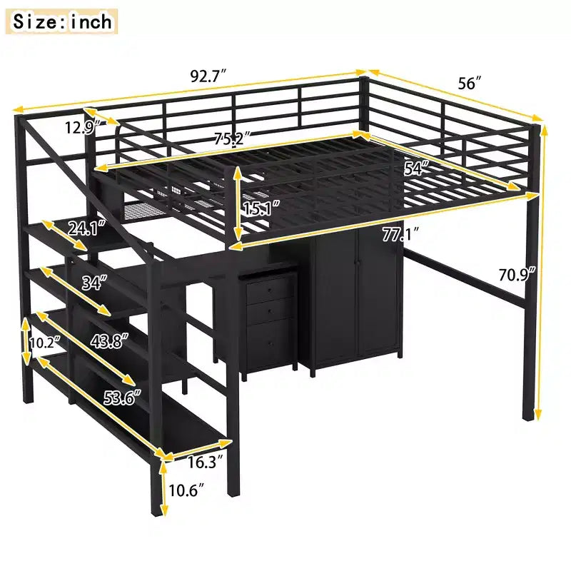 Bellemave Lit mezzanine entièrement métallique avec bureau, armoire et échelle de rangement, cadre de lit moderne et peu encombrant avec barrières de sécurité et lattes, pas de sommier tapissier, noir