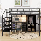 Bellemave Lit mezzanine entièrement métallique avec bureau, armoire et échelle de rangement, cadre de lit moderne et peu encombrant avec barrières de sécurité et lattes, pas de sommier tapissier, noir