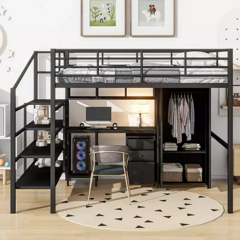 Bellemave Lit mezzanine entièrement métallique avec bureau, armoire et échelle de rangement, cadre de lit moderne et peu encombrant avec barrières de sécurité et lattes, pas de sommier tapissier, noir