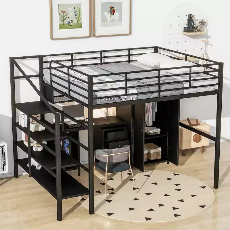 Bellemave Lit mezzanine entièrement métallique avec bureau, armoire et échelle de rangement, cadre de lit moderne et peu encombrant avec barrières de sécurité et lattes, pas de sommier tapissier, noir