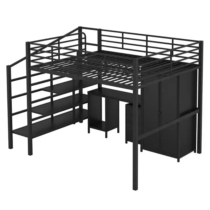 Bellemave Lit mezzanine entièrement métallique avec bureau, armoire et échelle de rangement, cadre de lit moderne et peu encombrant avec barrières de sécurité et lattes, pas de sommier tapissier, noir